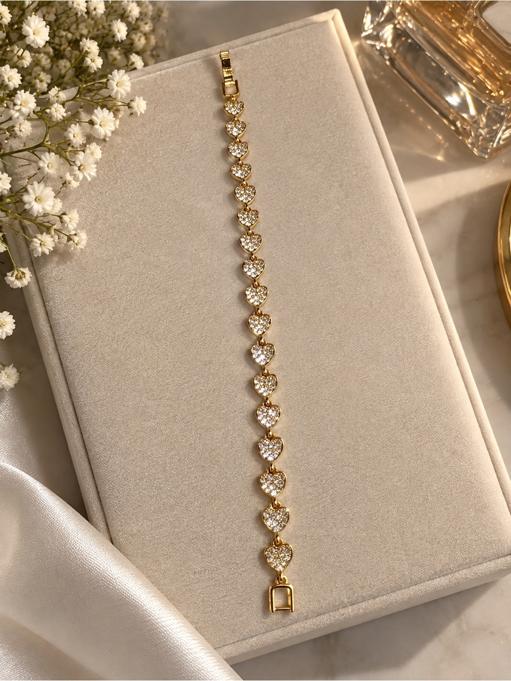 Gold Heart Tennis Bracelet with Clear Stones - Women Jewelry